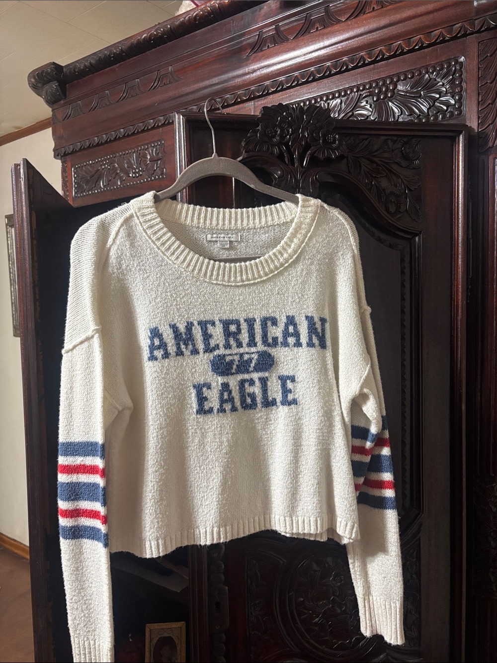 American Eagle Outfitters Cream Knit Logo Sweater with Blue & Red Stripes